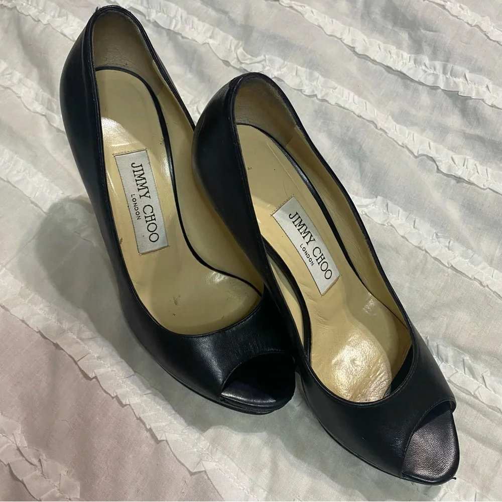 Jimmy Choo - Pump, Black Leather, Platform, Peep Toe, High Heel Women’s Size 35